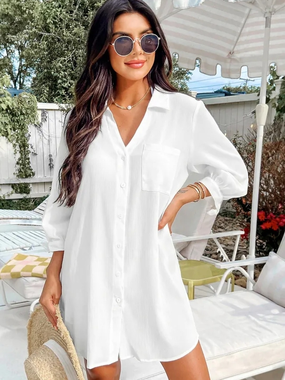 Seersucker Tie Cuff Cover-Up Dress